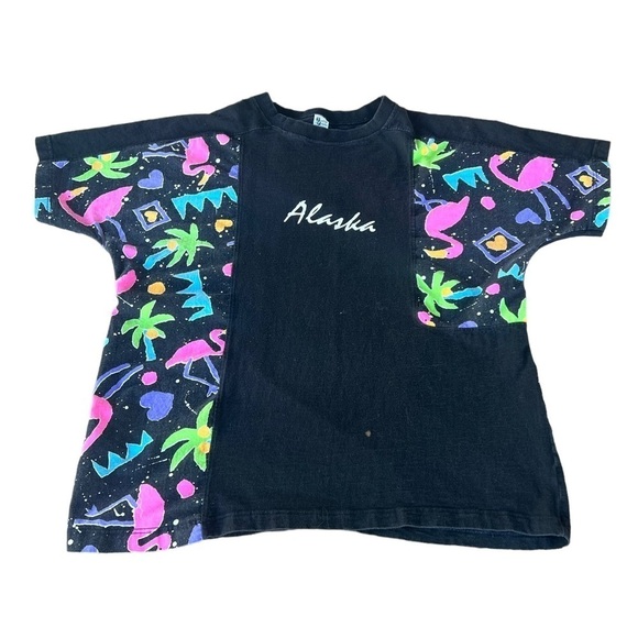 VTG Alaska Relaxed Fit TShirt Flamingo Palm Tree Heart Tropical Neon Vibe XL USA - Picture 1 of 14